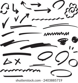 Conjuntos de líneas de estilo manuscritos escritos con marcadores o plumas mágicos