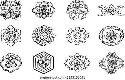 Handwritten style monochrome traditional Japanese pattern set 02