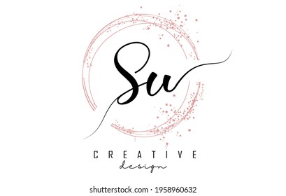 Handwritten SU S U letter logo with sparkling circles with pink glitter. Decorative vector illustration with S and U letters.