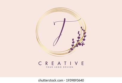 Handwritten T Letter logo design with golden circles and white leaves on branches. Vector Illustration with T letter for personal branding, corporate, business, eco friendly or natural products. 