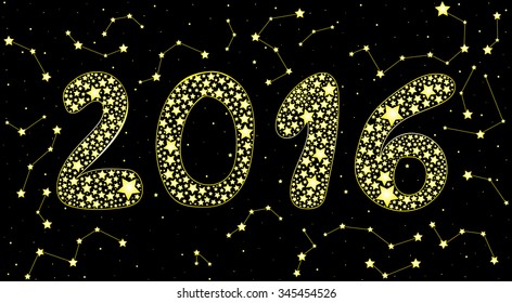 Handwritten text "2016" on the starry sky and constellations background, vector