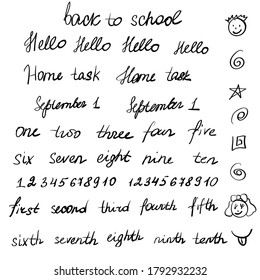 Handwritten text, back to school. Ordinal and quantitative numbers, symbols, scribbles, sketch. Grouped and isolated. Vector illustration.