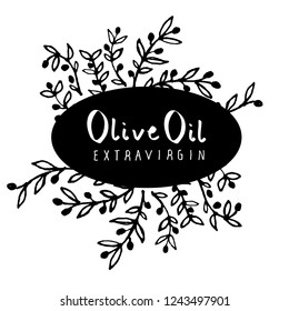 Handwritten text in black frame, surrounded by olive branches drawn by hand, isolated on white background