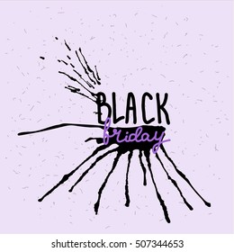 Handwritten text Black Friday . Brush script lettering.  Black  abstract stain. Vector design.