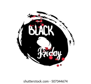 Handwritten text Black Friday . Brush script lettering.  Black and red abstract stain. Vector design.