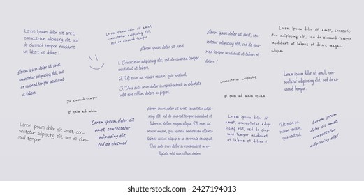 Handwritten text blocks realistic vector illustration. Notes lists and greetings on white background. Messages for homies and coworkers