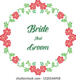 Handwritten text of bride and groom, with elegant green leaf flower frame. Vector