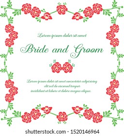 Handwritten text of bride and groom, with elegant green leaf flower frame. Vector