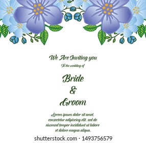 Handwritten text of bride and groom, wedding invitation, save the date, with ornament colorful floral frame. Vector