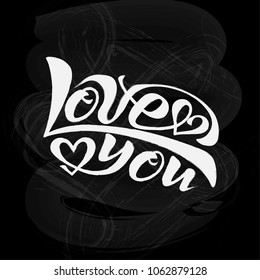 Handwritten text of calligraphy lettering translated into vector. Vector image of beautiful letters of the phrase love you for greeting card inscription icon or logo with a heart