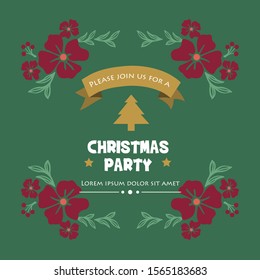 Handwritten text of christmas party, with design art of red flower frame. Vector