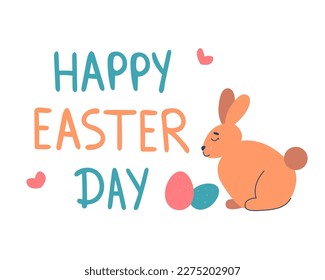 handwritten text with Easter greetings. Happy Easter Day! a minimalistic bunny is depicted. vector 