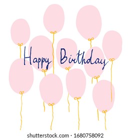 Handwritten text "Happy Birthday". Pink balloons. Isolated on white background. Cute design for greeting card, postcard, poster. Vector stock illustration.