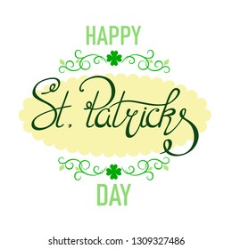 Handwritten text  Happy St. Patrick's Day with Irish curled elements on a white background.