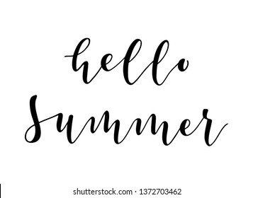 Handwritten text hello Summer vector banner design. Warm season lettering typography for postcard, card, invitation. Calligraphy greeting card. Lucky for logo, badge, icon, banner, poster, sticker.