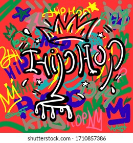 Handwritten text Hip Hop on colorful background drawn by hand. Stylish music print. Vector sketch.