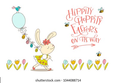 Handwritten text Hippity Hoppity Easter is on its way and hand drawn birds, flowers, cute bunny girl with eggs. The concept of Christian spring holidays congratulation. Vector illustration 