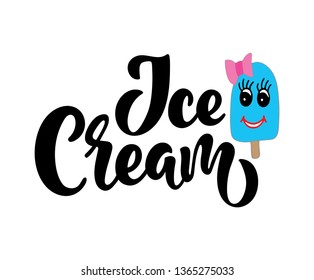 Handwritten text Ice Cream with Creamy-girl vector banner design. Warm season lettering typography for postcard, card, invitation. Logo, badge, icon, banner, poster, sticker, print.