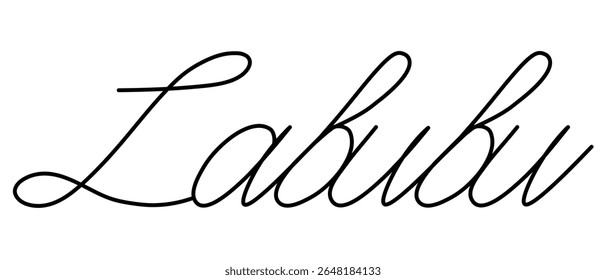 Handwritten text. Labubu. Sketch. Vector illustration. Cursive lettering. Outline on isolated background. Idea for web design, invitation.
