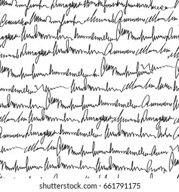 Handwritten text letter, abstract text, seamless pattern. Freehand drawing vector  background. Modern stylish texture, black and white pattern. Monochrome  graphic design.
