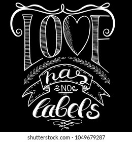  Handwritten text Love has no labels. Unconventional sexual orientation for LGBT gay and lesbian parade. Brush lettering, vector design