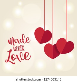Handwritten text made with love  with heart shaped paper on golden soft bokeh lights, Vector Illustration
