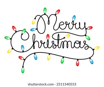 Handwritten text Merry Christmas as Christmas lights garland. Vector illustration.