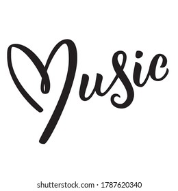 Handwritten text Music. The letter M is written in the shape of a heart. Vector illustration isolated on white background  for logo, icon, poster, greeting and invitation card, print and web project.