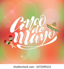 Handwritten text on a textured background for the holiday cinco de mayo on May 5 for a banner, logo, postcard, menu. Mexico, musical instruments, maracas, hats, sombrero, guitar, colorful vector eps10
