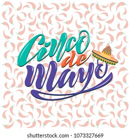 Handwritten text on a textured background for the holiday cinco de mayo on May 5 for a banner, logo, postcard, menu. Mexico, chili, mustache, colorful. vector eps10
