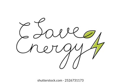 Guardar Texto escrito a mano "Energy" con un diseño de línea delgada simple. Guardar La palabra "L" incorpora una hoja y la palabra "Energía" incorpora un rayo. Se puede utilizar para campañas ecológicas