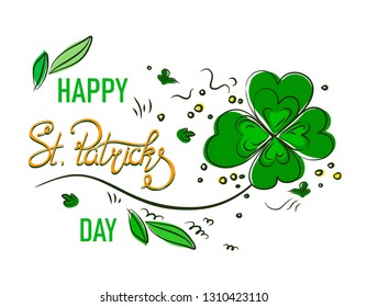 Handwritten text with a sheet of clover for St. Patrick's Day and deco doodle-style details on a white background.
