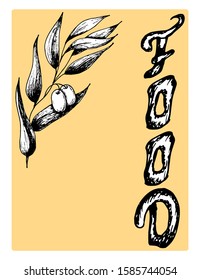 Handwritten text “Food” with sketch element of olive branch. Monochrome freehand drawing. Yellow background. Suitable for design, packaging, cosmetics, decoupage. Vector illustration