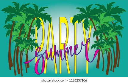 Handwritten text Summer party. Bright, colorful background. Summer illustration. Vector lettering.