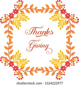 Handwritten text of thanksgiving, cute autumn leaves frame. Vector
