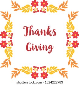 Handwritten text of thanksgiving, cute autumn leaves frame. Vector