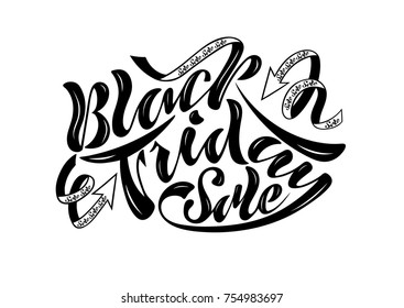 handwritten text vector lettering calligraphy postcard badges advertising call for sale black Friday with arrows pointers marketing move. Black letters sale black Friday big discounts for everyone