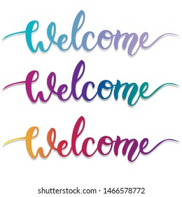 Handwritten text "welcome" on white and black background. The print on a card, a shirt, a cup, souvenirs, a notebook, a scheduler, a balloon
