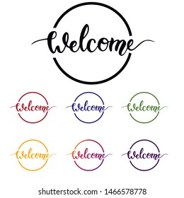 Handwritten text "welcome" on white and black background. The print on a card, a shirt, a cup, souvenirs, a notebook, a scheduler, a balloon