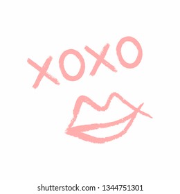 Handwritten text Xoxo and outlines of female lips drawn by hand with rough brush. Grunge, sketch, watercolor. Cute vector illustration.