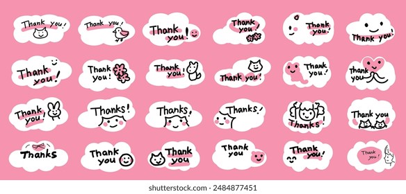 Handwritten thank you card on cartoon white clouds of various shapes. Vector illustration on pink background. With cute illustrations of cats and rabbits.
