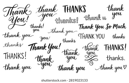 Handwritten thank you notes and messages in elegant cursive script Vector