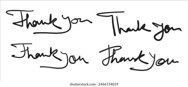 Handwritten thank you text vector, four set of thank you greeting text on white background 