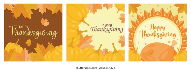 Handwritten thanksgiving. Background of dry leaves and pumpkins. Roast turkey and pumpkin, traditional food at Thanksgiving. Thanksgiving concept. Set flat vector illustration.