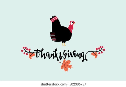 Handwritten thanksgiving text. Black Turkey icon. Vector illustration. Thanks you card. 