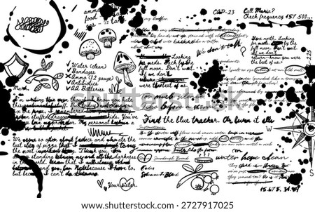 Handwritten travel notes on white paper background. Vector realistic illustration of abstract text scribbles, cursive scripts icons on diary page, vintage letter, old message written with black ink