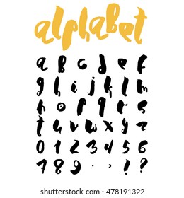 Handwritten trendy vector alphabet set. Playful calligraphic characters lowercase, numerals and punctuations signs. Black symbols shapes isolated on white background.
