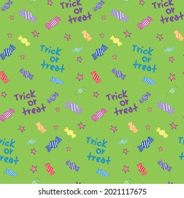 Handwritten trick or treat. Halloween seamless pattern vector.
Acid colors pattern for gift wrapping. Halloween seamless pattern with lettering trick or treat with stars and candies