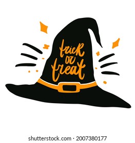 Handwritten trick or treat  Halloween set. Spooky day quotes with witch hat Party, calligraphy. vector illustrations.