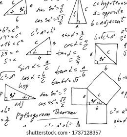 Handwritten trigonometric vector seamless pattern, hand drawn monochrome math formulas isolated on white background, mathematical, geometrical, scientific, education backdrop